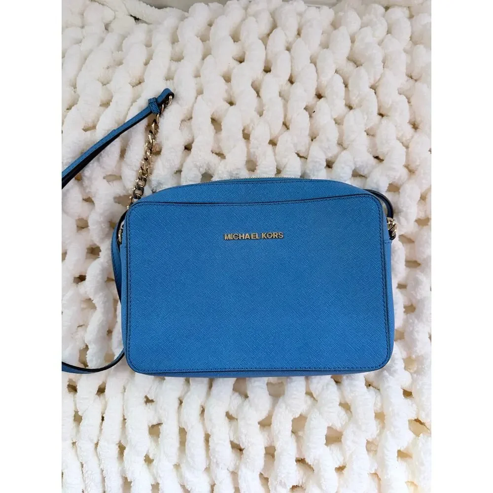 Michael Kors Jet Set Bright Blue Saffiano Leather Gold Tone Crossbody Bag Purse
